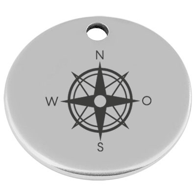 25 mm, metal pendant, round, with engraving "Compass Rose", silver-plated 