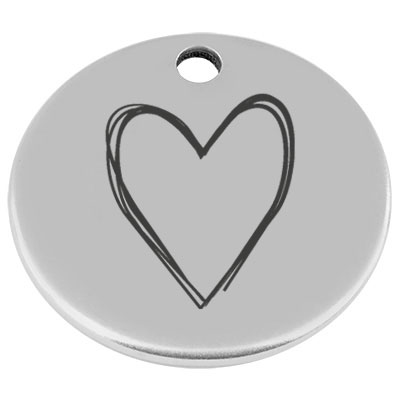 25 mm, metal pendant, round, with engraving "Heart", silver-plated 
