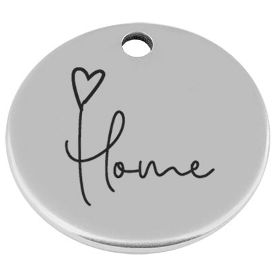 25 mm metal pendant, round, with engraving "Home", silver-plated 