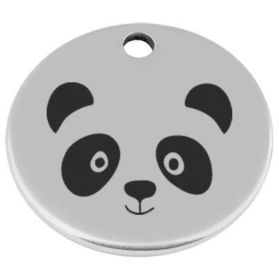 25 mm, Pendentif en métal, rond, avec gravure "Panda", argenté 
