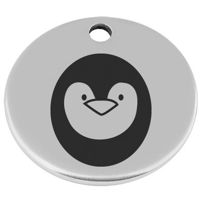 25 mm, metal pendant, round, with engraving "Penguin", silver-plated 