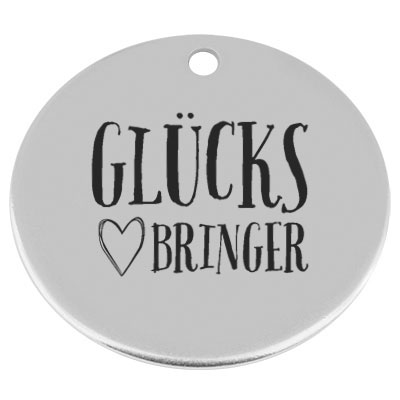 34 mm, metal pendant, round, with engraving "Glücksbringer", silver-plated 