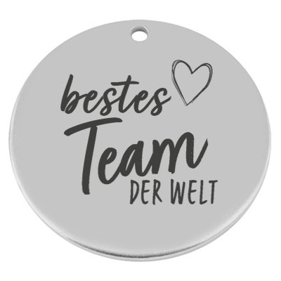 40 mm, metal pendant, round, with engraving "Best team in the world", silver-plated 