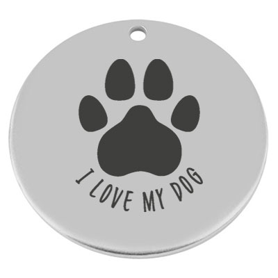 40 mm, metalen hanger, rond, met gravure "I love my dog", verzilverd 