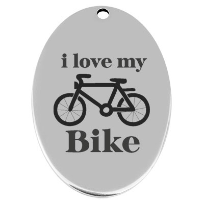 45,5 x 29 mm, Metallanhänger, oval, mit Gravur "I love my bike", versilbert 