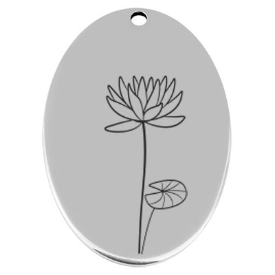 45,5 x 29 mm, Metallanhänger, oval, mit Geburtsblumengravur Monat Juli "Wasserlilie", versilbert 