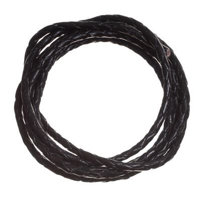 Lederen band, gevlochten, ca. 3 mm, lengte 1 m, zwart 