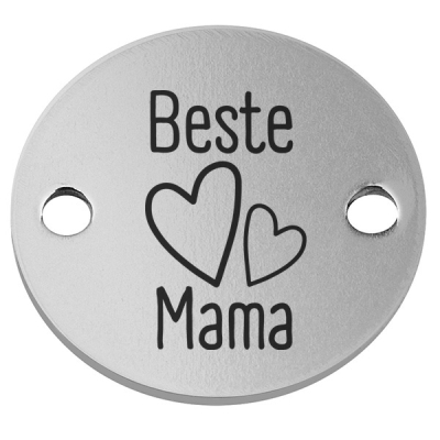 Edelstahl Coin Armbandverbinder Motiv "Beste Mama" mit Herzen, Durchmesser 14 mm, silberfarben 