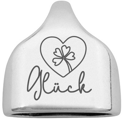 Eindkapje met gravure "Glück" met hartje, 22,5 x 23 mm, verzilverd, geschikt voor 10 mm zeiltouw 