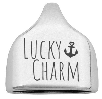 Eindkap met gravering "Lucky Charm", 22,5 x 23 mm, verzilverd, geschikt voor 10 mm zeiltouw 
