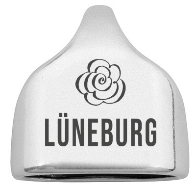 Endkappe mit Gravur "Lüneburg" mit Rose, 22,5 x 23 mm, versilbert, geeignet für 10 mm Segelseil 