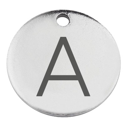 Stainless steel pendant, round, diameter 15 mm, motif letter A, silver-coloured 