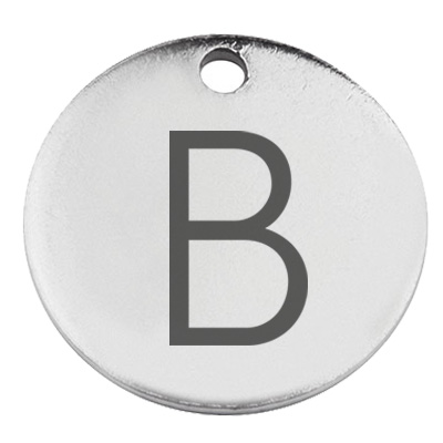 Stainless steel pendant, round, diameter 15 mm, motif letter B, silver-coloured 