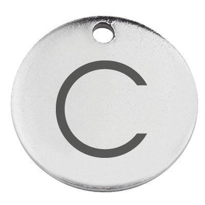 Stainless steel pendant, round, diameter 15 mm, motif letter C, silver-coloured 