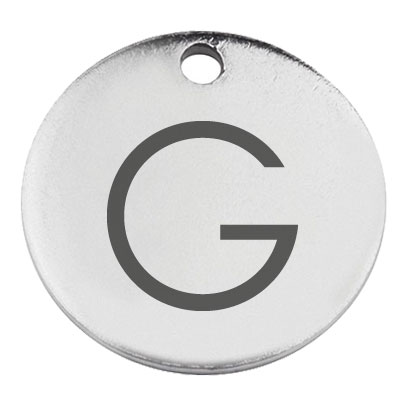 Stainless steel pendant, round, diameter 15 mm, motif letter G, silver-coloured 