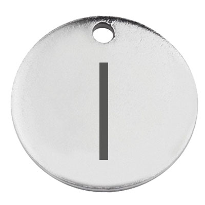 Stainless steel pendant, round, diameter 15 mm, motif letter I, silver-coloured 
