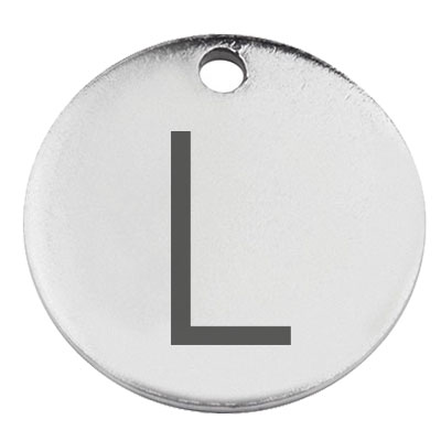 Stainless steel pendant, round, diameter 15 mm, motif letter L, silver-coloured 