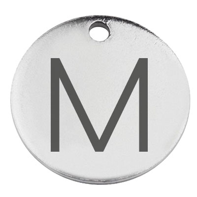 Stainless steel pendant, round, diameter 15 mm, motif letter M, silver-coloured 