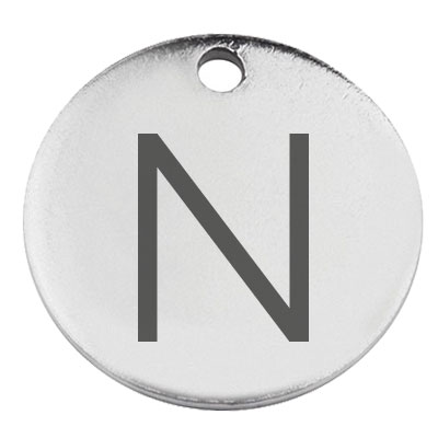 Stainless steel pendant, round, diameter 15 mm, motif letter N, silver-coloured 