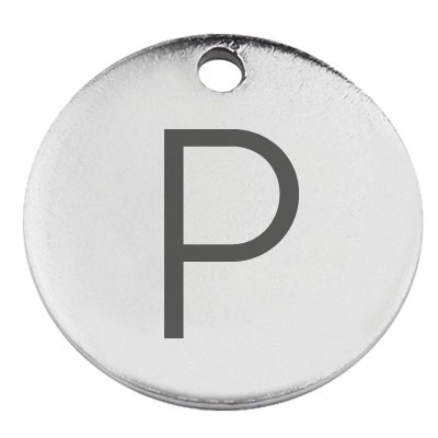 Stainless steel pendant, round, diameter 15 mm, motif letter P, silver-coloured 