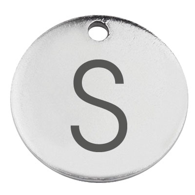 Stainless steel pendant, round, diameter 15 mm, motif letter S, silver-coloured 