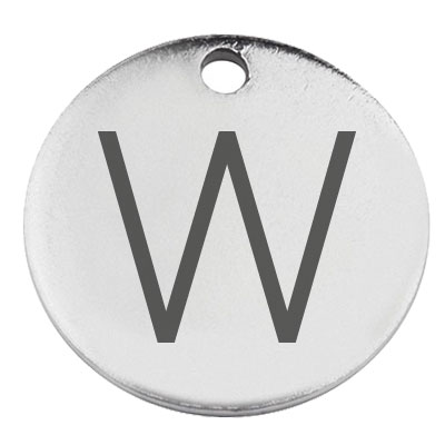 Pendentif en acier inoxydable, rond, diamètre 15 mm, motif lettre W, argenté 