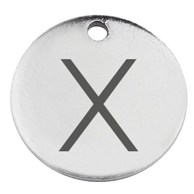 Stainless steel pendant, round, diameter 15 mm, motif letter X, silver-coloured 