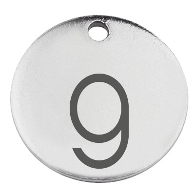 Stainless steel pendant, round, diameter 15 mm, motif letter g, silver-coloured 