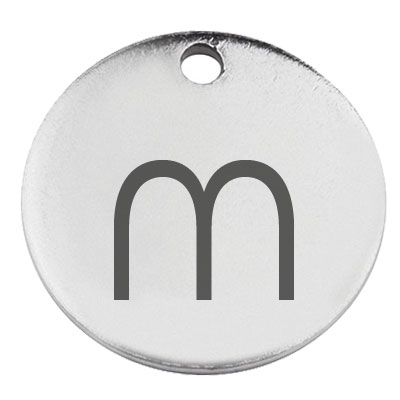 Stainless steel pendant, round, diameter 15 mm, motif letter m, silver-coloured 
