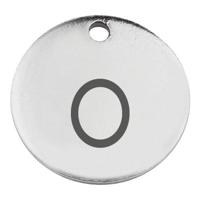 Stainless steel pendant, round, diameter 15 mm, motif letter o, silver-coloured 