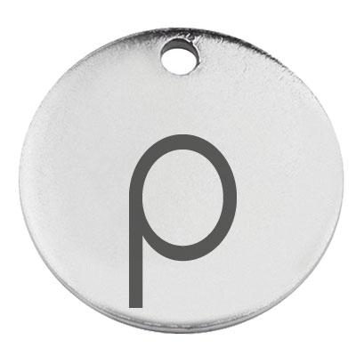 Stainless steel pendant, round, diameter 15 mm, motif letter p, silver-coloured 