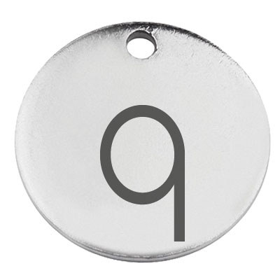 Stainless steel pendant, round, diameter 15 mm, motif letter q, silver-coloured 