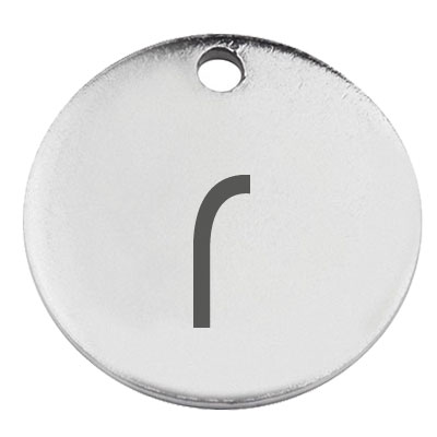 Stainless steel pendant, round, diameter 15 mm, motif letter r, silver-coloured 