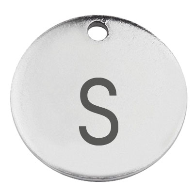Stainless steel pendant, round, diameter 15 mm, motif letter s, silver-coloured 