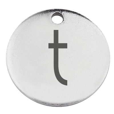 Stainless steel pendant, round, diameter 15 mm, motif letter t, silver-coloured 