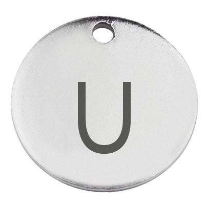 Stainless steel pendant, round, diameter 15 mm, motif letter u, silver colour 