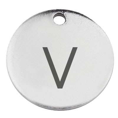 Stainless steel pendant, round, diameter 15 mm, motif letter v, silver-coloured 