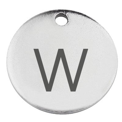 Stainless steel pendant, round, diameter 15 mm, motif letter w, silver-coloured 