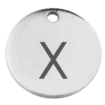 Stainless steel pendant, round, diameter 15 mm, motif letter x, silver-coloured 