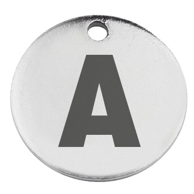 Pendentif en acier inoxydable, rond, diamètre 15 mm, motif lettre A, argenté 