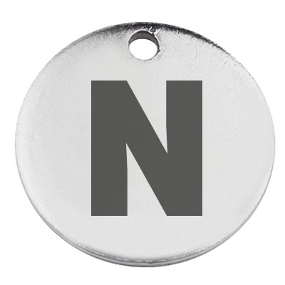 Stainless steel pendant, round, diameter 15 mm, motif letter N, silver-coloured 