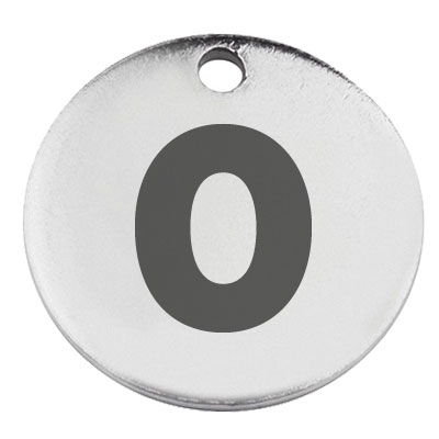 Stainless steel pendant, round, diameter 15 mm, motif letter O, silver-coloured 