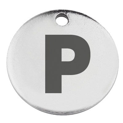 Stainless steel pendant, round, diameter 15 mm, motif letter P, silver-coloured 