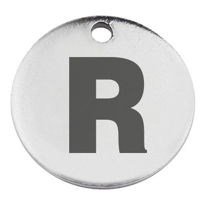 Stainless steel pendant, round, diameter 15 mm, motif letter R, silver-coloured 