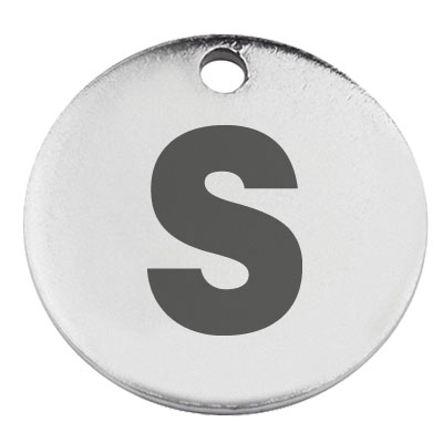 Stainless steel pendant, round, diameter 15 mm, motif letter S, silver-coloured 
