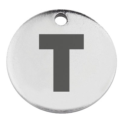 Stainless steel pendant, round, diameter 15 mm, motif letter T, silver-coloured 