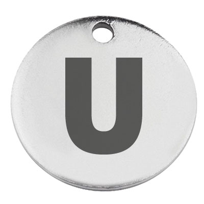 Stainless steel pendant, round, diameter 15 mm, motif letter U, silver-coloured 