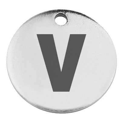 Stainless steel pendant, round, diameter 15 mm, motif letter V, silver-coloured 