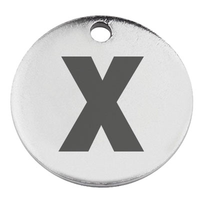 Pendentif en acier inoxydable, rond, diamètre 15 mm, motif lettre X, argenté 