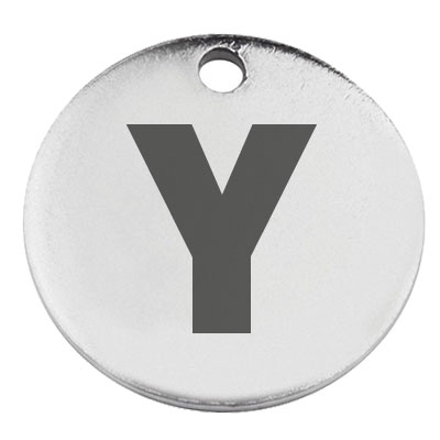 Stainless steel pendant, round, diameter 15 mm, motif letter Y, silver-coloured 